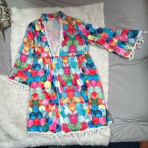 Geometric Print Tassel Bell Sleeve Dress